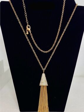 Gold Tone Tassel Statement Necklace 34" Chain Toggle Clasp Rhinestone Pave Cap